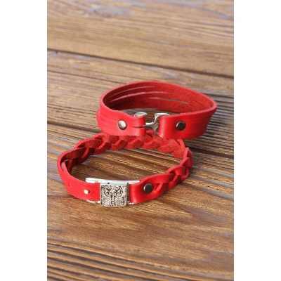 Metal Aksesuarlı Kırmızı Renk Deri Erkek Bileklik Kombin - Lisinya