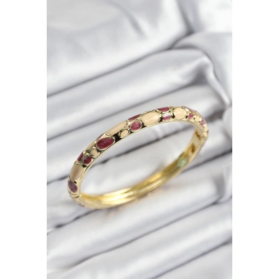 Mineli Pirinç Fuşya Ve Krem Petek Motifli Gold Renk Kadın Kelepçe - Lisinya