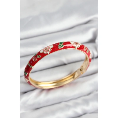 Mineli Pirinç Kırmızı Çiçek Motifli Gold Kadın Kelepçe - Lisinya