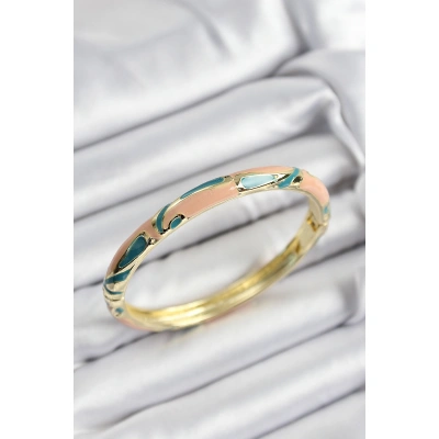 Mineli Pirinç Krem Ve Yeşil Mermer Motifli Gold Renk Kadın Kelepçe - Lisinya