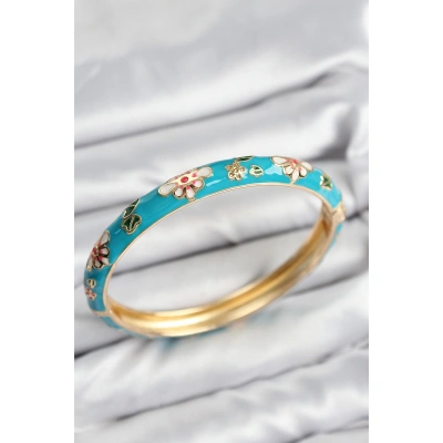 Mineli Pirinç Mavi Çiçek Motifli Gold Kadın Kelepçe - Lisinya