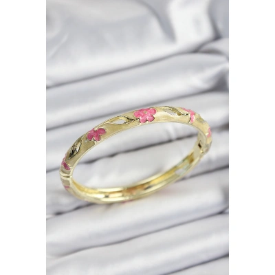 Mineli Pirinç Pembe Ve Hardal Çiçek Motifli Gold Renk Kadın Kelepçe - Lisinya