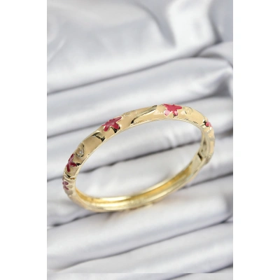 Mineli Pirinç Pembe Ve Krem Çiçek Motifli Gold Renk Kadın Kelepçe - Lisinya