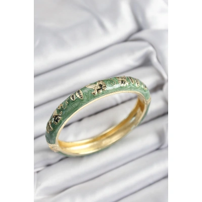 Mineli Pirinç Yeşil Çiçek Motifli Gold Renk Kadın Kelepçe - Lisinya