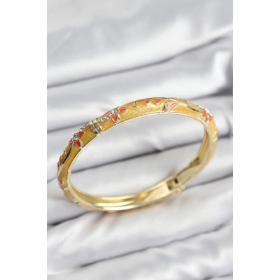 Mineli Pirinç Zirkon Taşlı Hardal Çiçek Motifli Gold Kadın Kelepçe - Lisinya