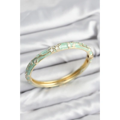 Mineli Pirinç Zirkon Taşlı Su Yeşili Çiçek Motifli Gold Kadın Kelepçe - Lisinya