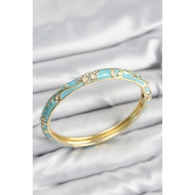 Mineli Pirinç Zirkon Taşlı Turkuaz Çiçek Motifli Gold Kadın Kelepçe - Lisinya