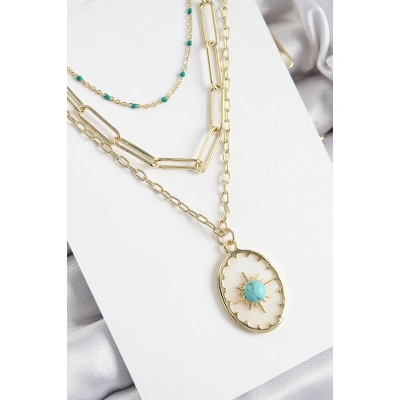 Pirinç Çoklu Zincirli Mavi Boncuklu Pusula Model Gold Renk Kadın Kolye - Lisinya
