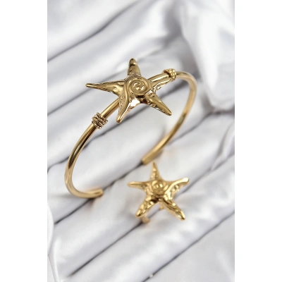 Pirinç Deniz Yıldızı Model Gold Renk Bileklik Yüzük Set - Lisinya