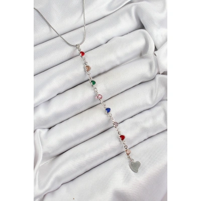 Pirinç Gümüş Renk Karışık Renk Zirkon Taşlı Kalpli Y Kadın Kolye - Lisinya