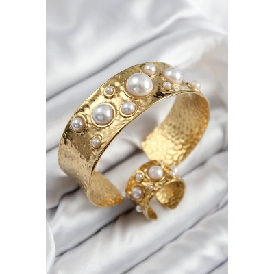 Pirinç İncili Model Gold Renk Bileklik Yüzük Set - Lisinya