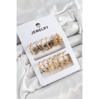Pirinç Karışık Halka Model Gold Renk 6 Çift Kadın Küpe Set - Lisinya