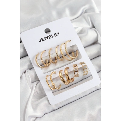 Pirinç Karışık Halka Model Gold Renk 6 Çift Kadın Küpe Set - Lisinya