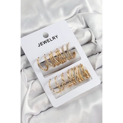 Pirinç Karışık Halka Model Gold Renk 6 Çift Kadın Küpe Set - Lisinya