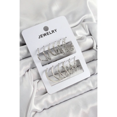 Pirinç Karışık Halka Model Gümüş Renk 6 Çift Kadın Küpe Set - Lisinya