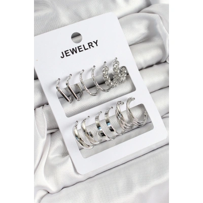 Pirinç Karışık Halka Model Gümüş Renk 6 Çift Kadın Küpe Set - Lisinya