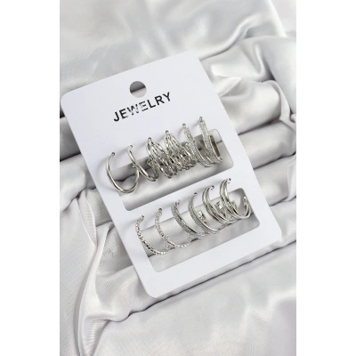 Pirinç Karışık Halka Model Gümüş Renk 6 Çift Kadın Küpe Set - Lisinya