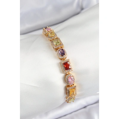 Pirinç Karışık Zirkon Taşlı Baget Model Gold Renk VIP Seri Kadın Bileklik - Lisinya