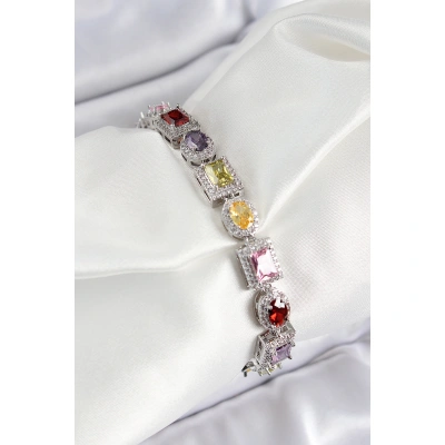 Pirinç Karışık Zirkon Taşlı Baget Model Gümüş Renk VIP Seri Kadın Bileklik - Lisinya