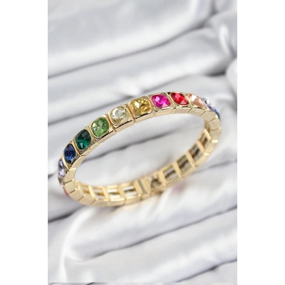 Pirinç Karışık Zirkon Taşlı Kare Model Gold Renk Lastikli Kadın Bileklik - Lisinya