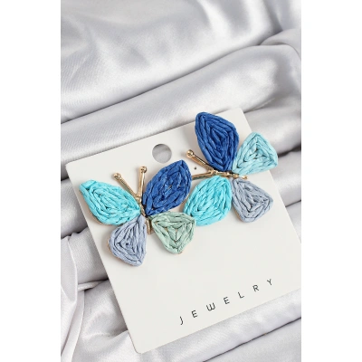 Pirinç Mavi Kelebek Model Gold Renk Kadın Hasır Küpe - Lisinya