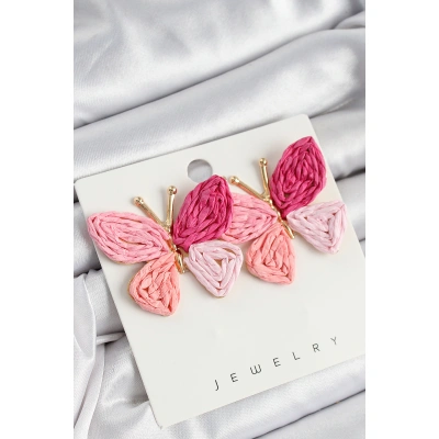 Pirinç Pembe Kelebek Model Gold Renk Kadın Hasır Küpe - Lisinya