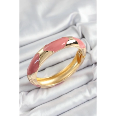 Pirinç Pembe Mineli Baklava Model Gold Renk Kadın Kelepçe - Lisinya