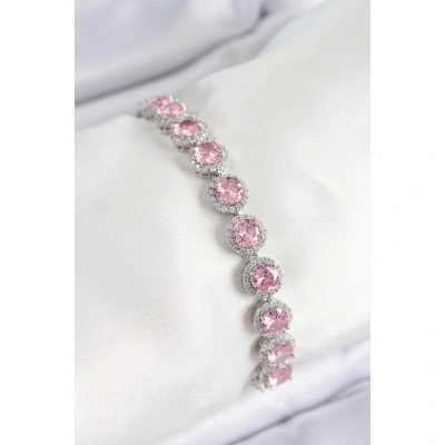 Pirinç Pembe Zirkon Taşlı Daire Baget Model Gümüş Renk VIP Seri Kadın Bileklik - Lisinya