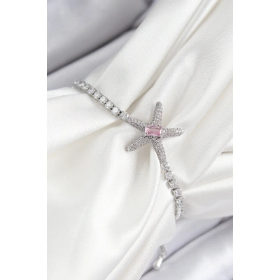 Pirinç Pembe Zirkon Taşlı Deniz Yıldızı Model Gümüş Renk Asansörlü Kadın Bileklik - Lisinya