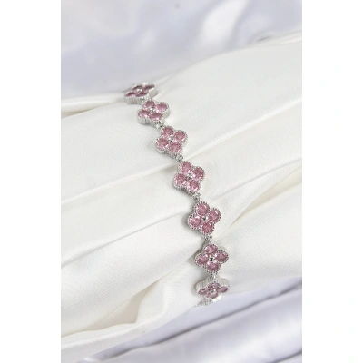 Pirinç Pembe Zirkon Taşlı Yonca Model Gümüş Renk VIP Seri Kadın Bileklik - Lisinya