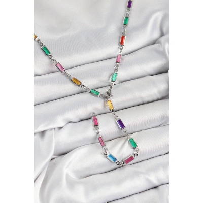 Pirinç Renkli Zirkon Taşlı Dikdörtgen Model Gümüş Renk Kadın Y Kolye - Lisinya