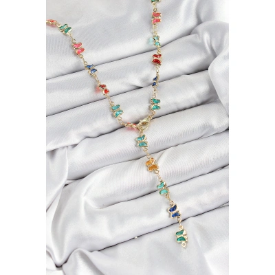 Pirinç Renkli Zirkon Taşlı Kelebek Model Gold Renk Kadın Y Kolye - Lisinya