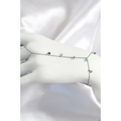 Pirinç Renkli Zirkon Taşlı Sallantılı Yıldızlı Model Gümüş Renk Kadın Şahmeran - Lisinya