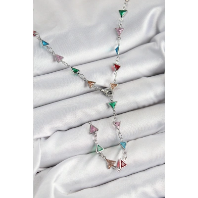 Pirinç Renkli Zirkon Taşlı Üçgen Model Gümüş Renk Kadın Y Kolye - Lisinya