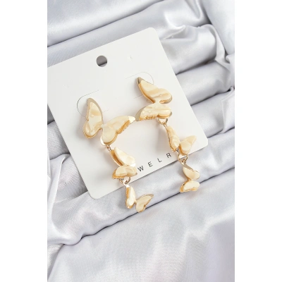 Pirinç Sedef Sallantılı Mermer Desenli Kelebek Model Gold Renk Vintage Kadın Küpe - Lisinya