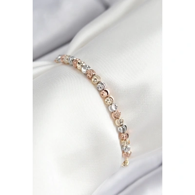 Pirinç Sıralı Boncuk Model Gold Gümüş Roz Renk Asansörlü Kadın Bileklik - Lisinya