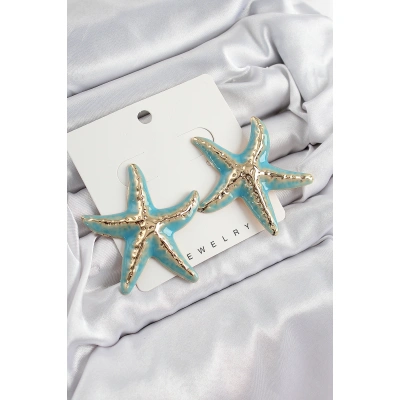 Pirinç Turkuaz Deniz Yıldızı Model Vintage Kadın Küpe - Lisinya