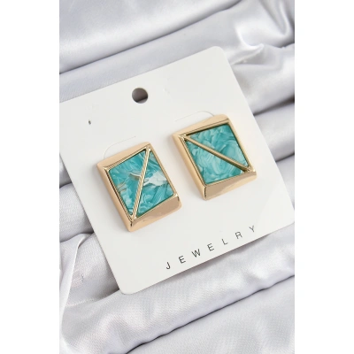 Pirinç Turkuaz Üçgen Kesim Detaylı Kare Model Vintage Gold Renk Kadın Küpe - Lisinya