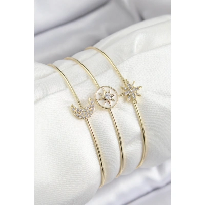 Pirinç Zirkon Taşlı Ay Ve Kutup Yıldızı Model Gold Renk Vip 3lü Kadın Bileklik - Lisinya