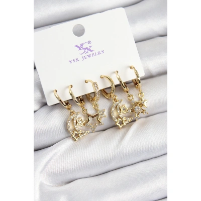 Pirinç Zİrkon Taşlı Ay ve Yıldız Model Gold Renk 3lü Çift Kadın Küpe - Lisinya