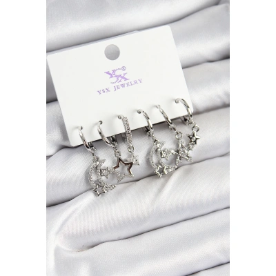 Pirinç Zİrkon Taşlı Ay ve Yıldız Model Gümüş Renk 3lü Çift Kadın Küpe - Lisinya