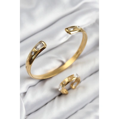 Pirinç Zirkon Taşlı Ayrık Model Gold Renk Bileklik Yüzük Set - Lisinya
