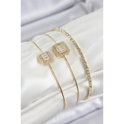 Pirinç Zirkon Taşlı Baget Model Gold Renk Vip 3lü Kadın Bileklik - Lisinya