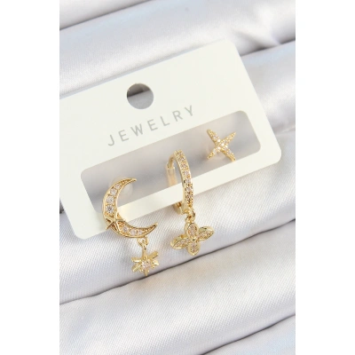 Pirinç Zirkon Taşlı Çiçek Ve Ay Model Gold Renk 3lü Çift Kadın Küpe Set - Lisinya