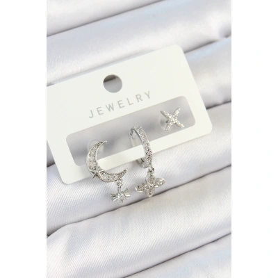 Pirinç Zirkon Taşlı Çiçek Ve Ay Model Gümüş Renk 3lü Çift Kadın Küpe Set - Lisinya