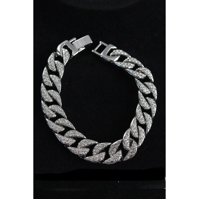 Pirinç Zirkon Taşlı Cuba Gurmet Model Gümüş Renk Erkek Bileklik - Lisinya