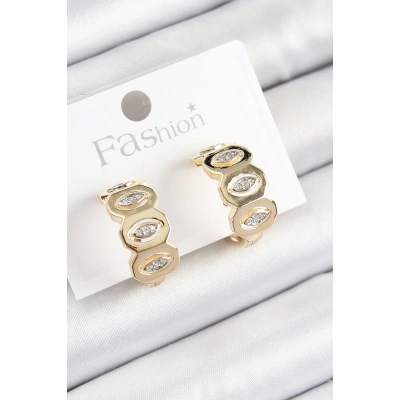 Pirinç Zirkon Taşlı Damla Figürlü Halka Model Gold Renk Kadın Küpe - Lisinya