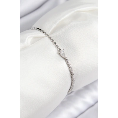 Pirinç Zirkon Taşlı Damla Model Ezme Zincir Gümüş Renk Kadın Bileklik - Lisinya