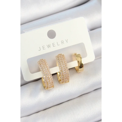 Pirinç Zirkon Taşlı Damla Model Gold Renk 3lü Çift Kadın Küpe Set - Lisinya