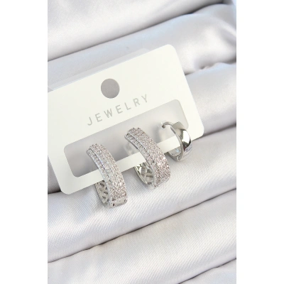 Pirinç Zirkon Taşlı Damla Model Gümüş Renk 3lü Çift Kadın Küpe Set - Lisinya
